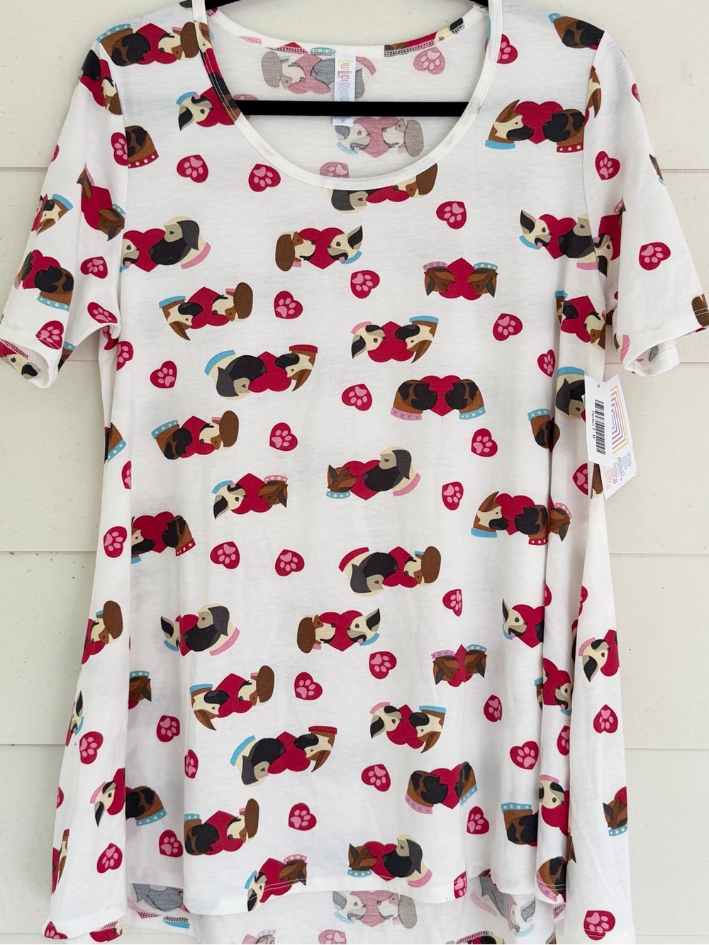 White Short Sleeve Tee with Pink Paw & Dog Print LuLaRoe Perfect T M
